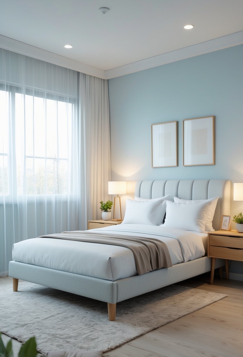 A neatly made bed in a bright bedroom with nightstands, lamps, a window with curtains, artwork on the walls, and a small plant.