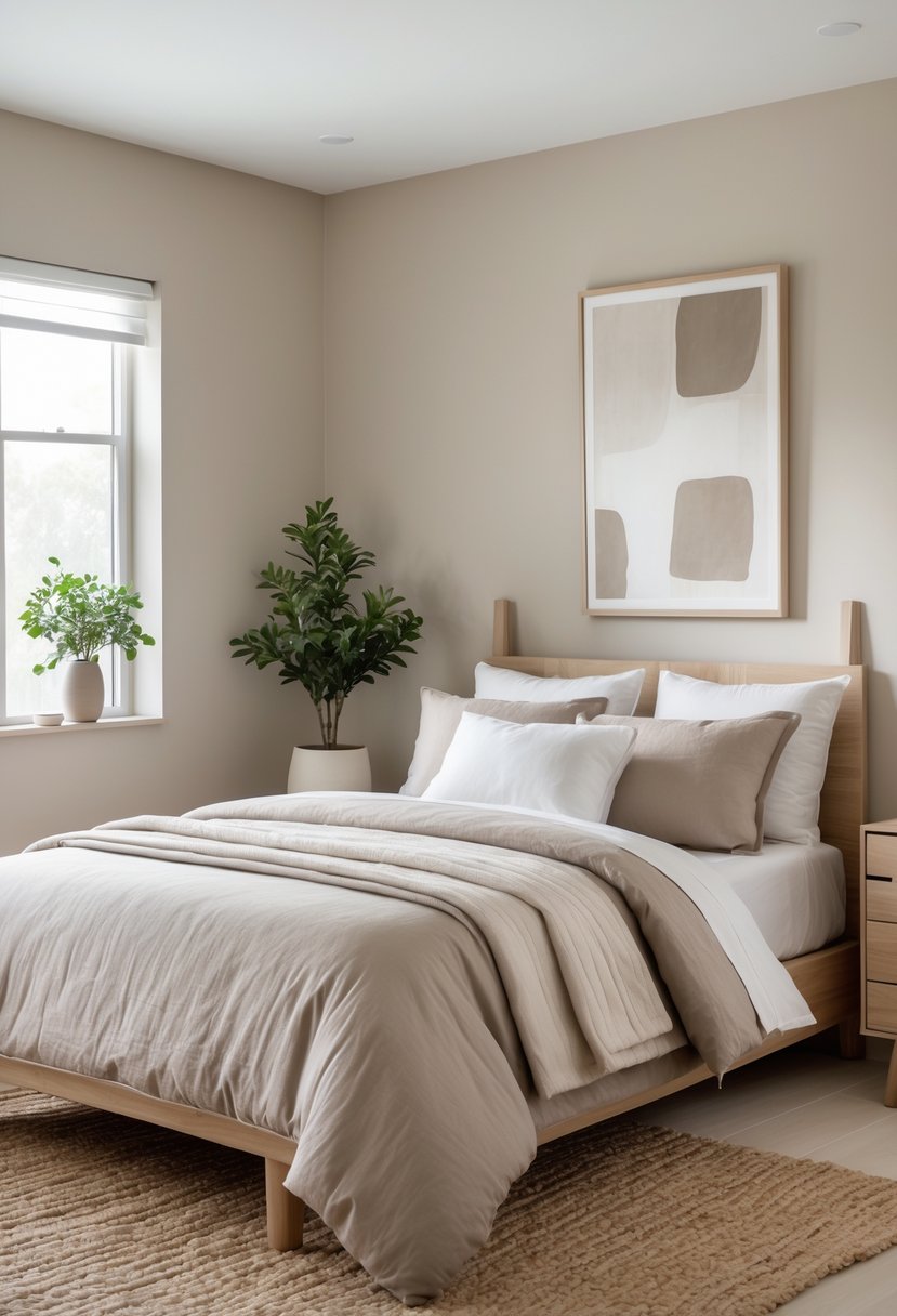 A bedroom with a queen-sized bed, neutral-colored bedding, wooden furniture, a window letting in natural light, and simple decor items.