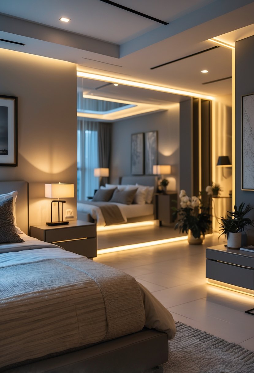 A bedroom with bedside lamps and overhead lights illuminating a neatly made bed and modern decor.