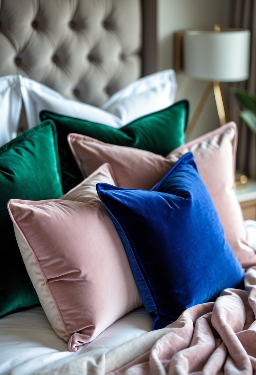 A bed with several velvet throw pillows arranged neatly, showcasing their soft texture and rich colors in a bedroom.