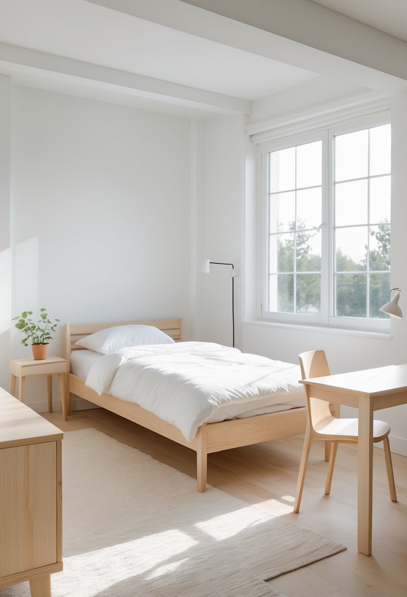 A bright bedroom with a wooden bed, white bedding, a small table with a plant, a desk and chair, and large windows letting in natural light.