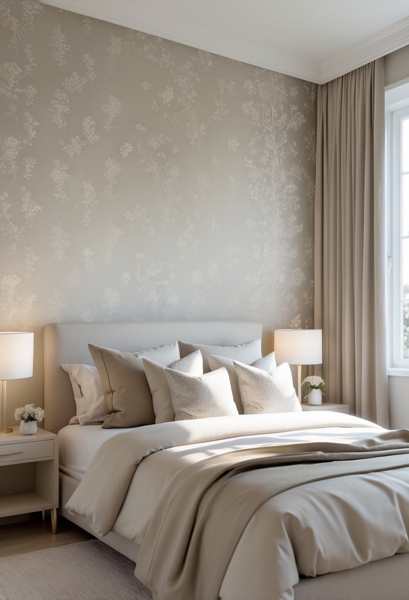 A bedroom with a bed in front of an accent wall featuring subtle patterned wallpaper, illuminated by natural light.