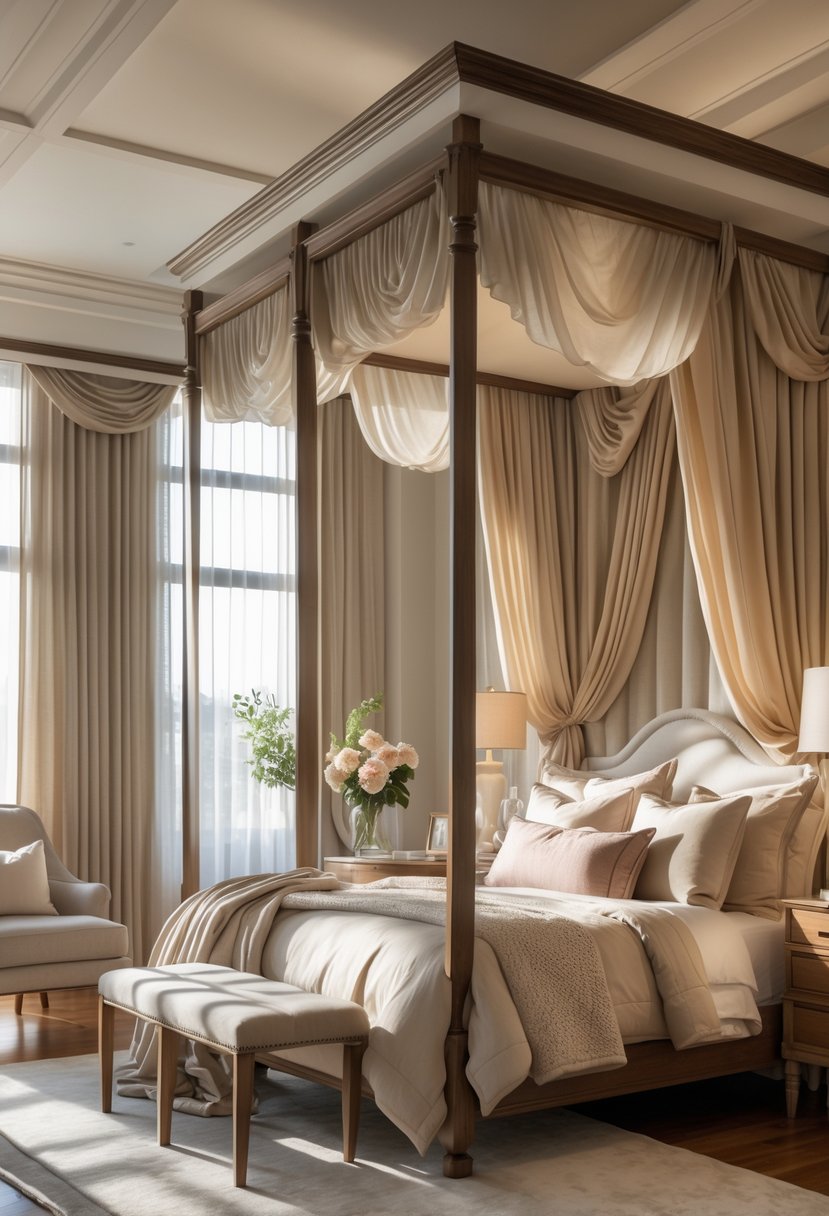A bedroom with a canopy bed, soft bedding, natural light, and cozy furnishings.