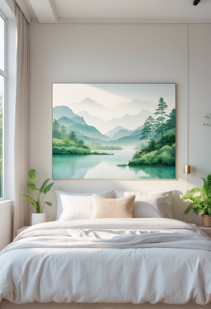A bedroom with a bed and a large serene landscape painting hanging on the wall above it.