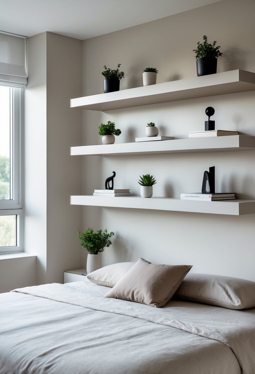 A bedroom with floating shelves on the wall holding plants, books, and decorative items above a neatly made bed.