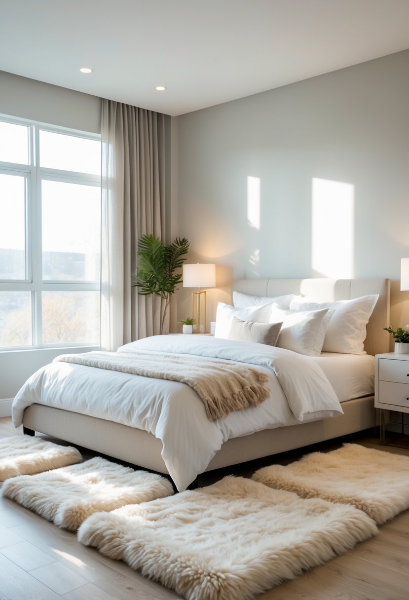 A bedroom with a bed, soft area rugs on the floor, natural light, and simple furniture.