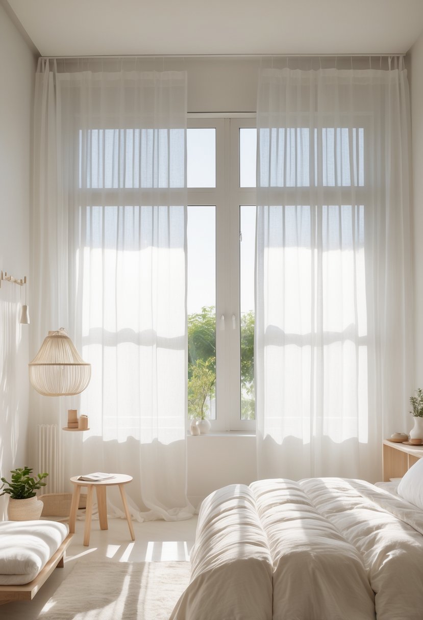 Bedroom with large windows covered by sheer white curtains letting in soft natural light, showing a bed and simple furniture.