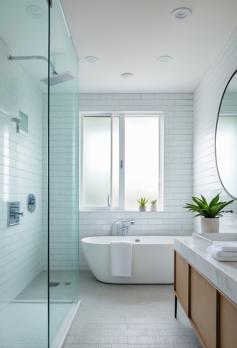 A modern bathroom with a walk-in shower, freestanding bathtub, wooden vanity, and natural light coming through a frosted window.