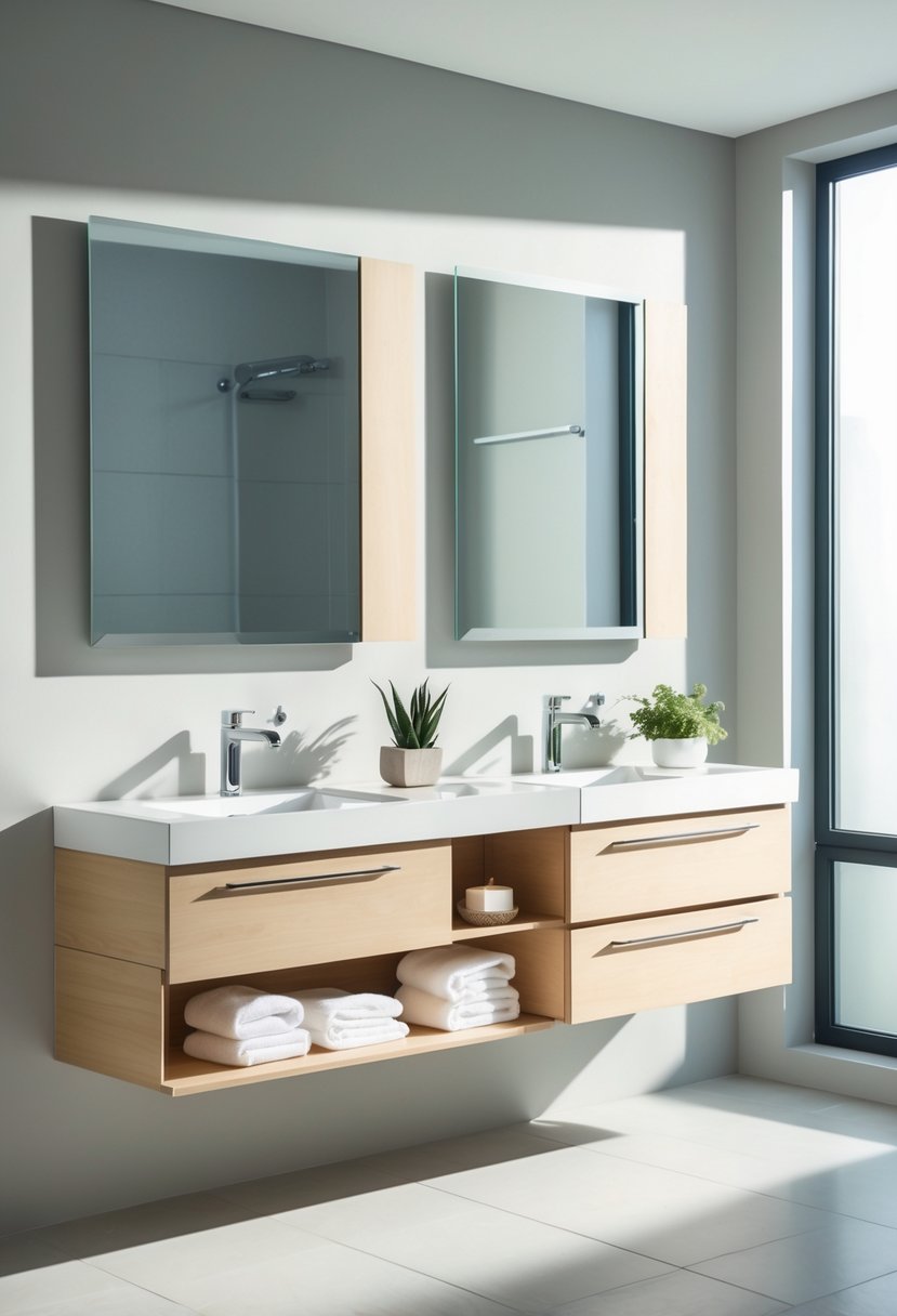A modern bathroom with wall-mounted floating vanities, rectangular sinks, chrome faucets, and large mirrors on a neutral wall.