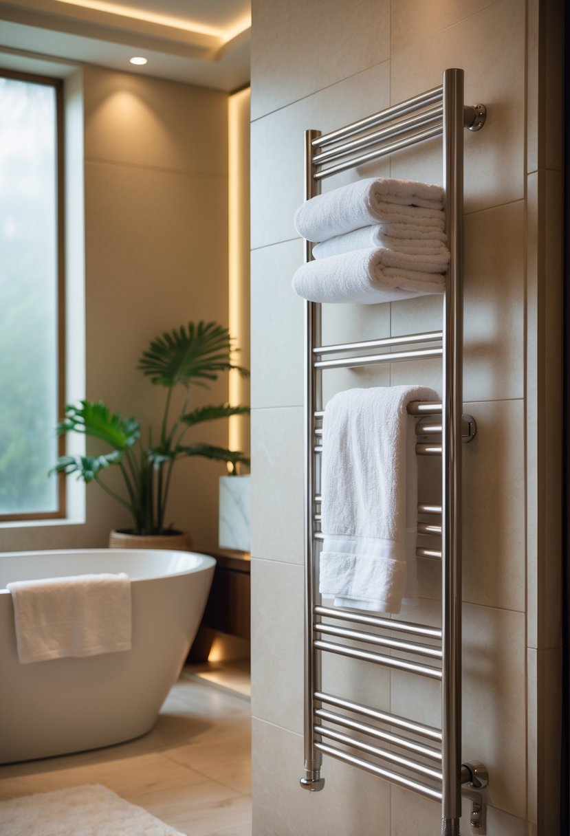 A modern bathroom with heated towel racks holding white towels next to a walk-in shower and a freestanding bathtub.
