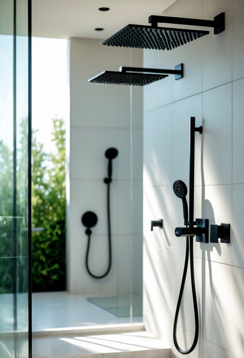 A modern bathroom with oversized matte black showerheads mounted on a tiled wall and a glass shower enclosure.
