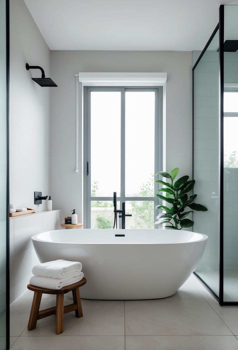 A bathroom with a white freestanding soaking tub near a large window, surrounded by towels, a plant, and modern fixtures.