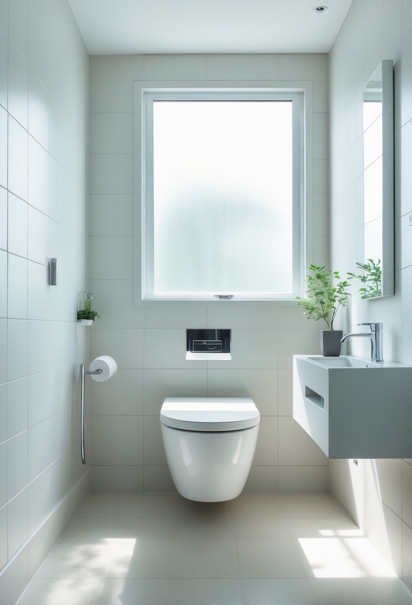 A bathroom with a wall-mounted toilet, a floating vanity, and natural light coming through a frosted window.