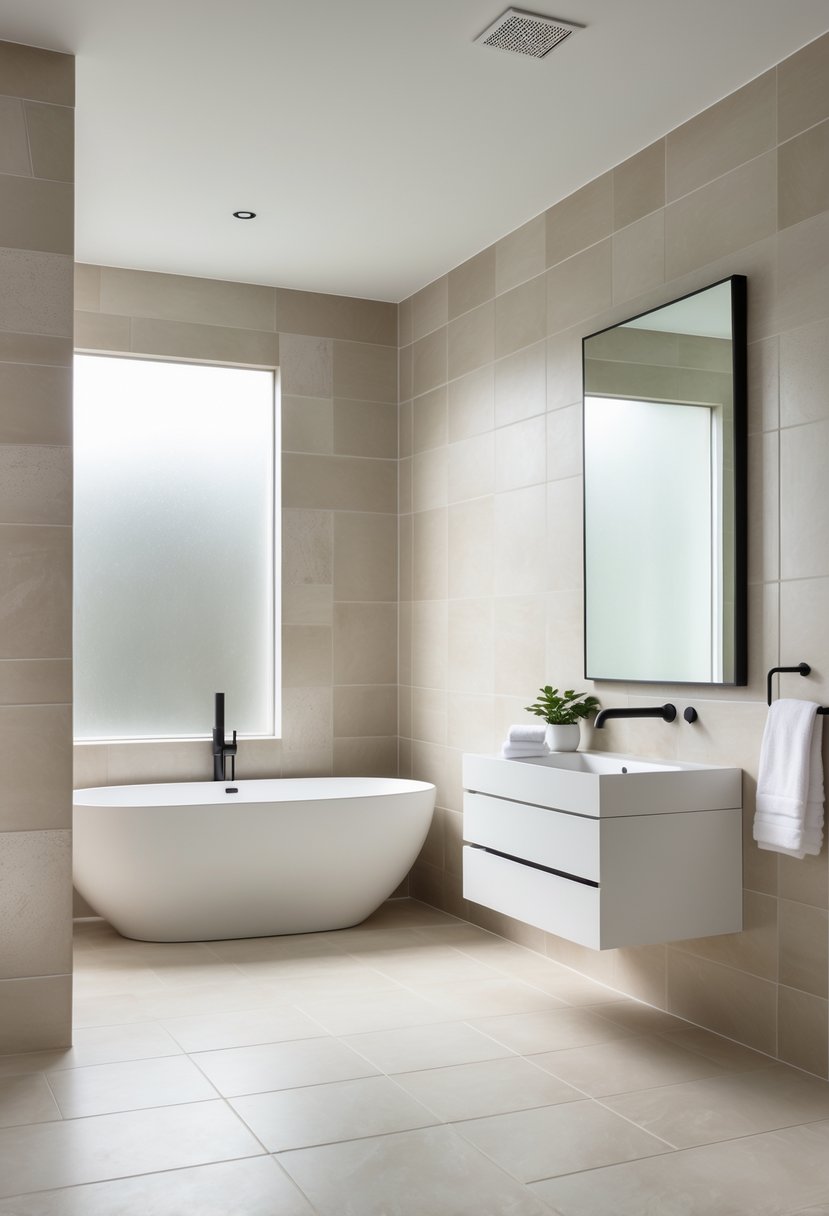 A modern bathroom with large neutral-colored tiles, a freestanding bathtub, floating vanity, and natural light coming through a window.