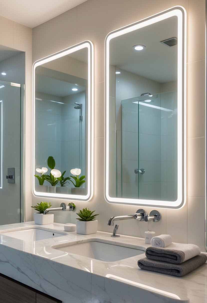 A modern bathroom with backlit mirrors glowing softly, a white marble countertop, sink with chrome fixtures, and green plants.