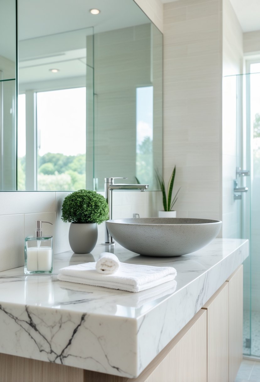 Bathroom with natural stone countertops, a vessel sink, and a large mirror with soft natural light.
