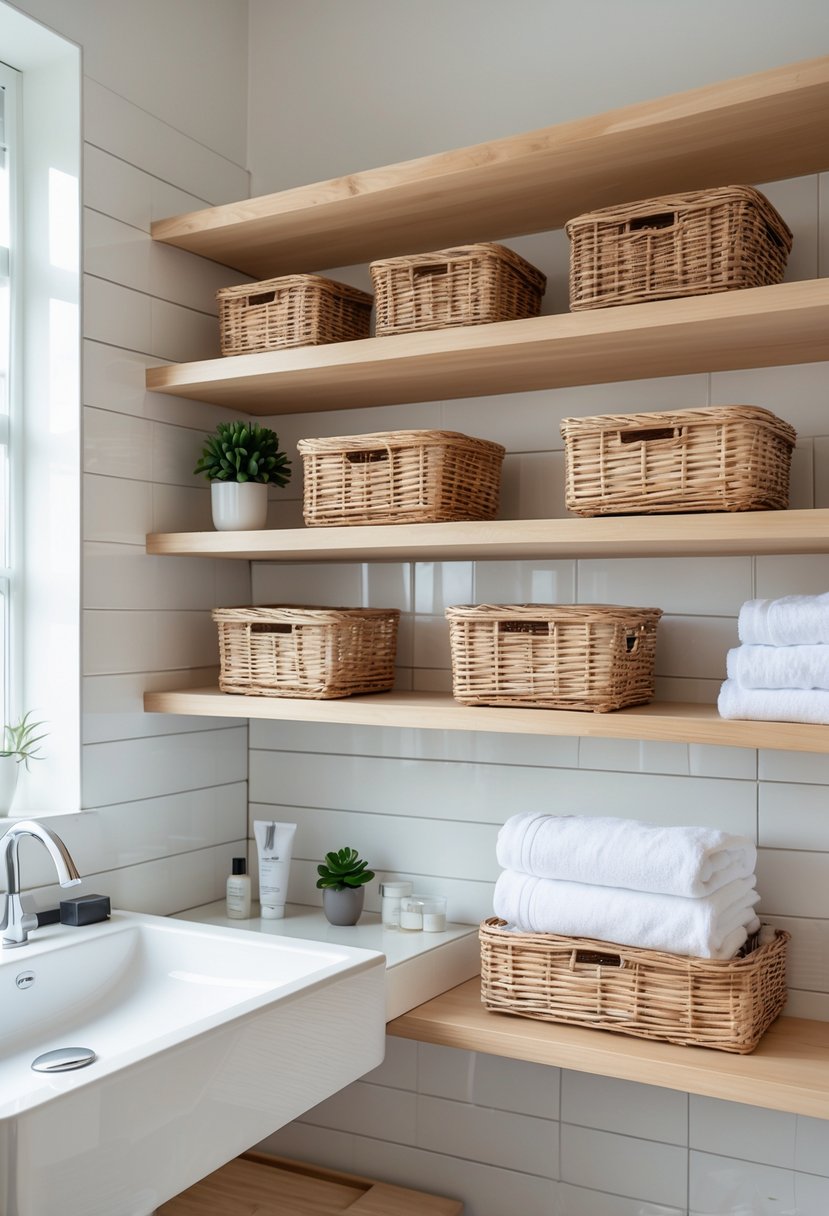 A bathroom with open wooden shelves holding wicker baskets, white towels, and a small green plant.