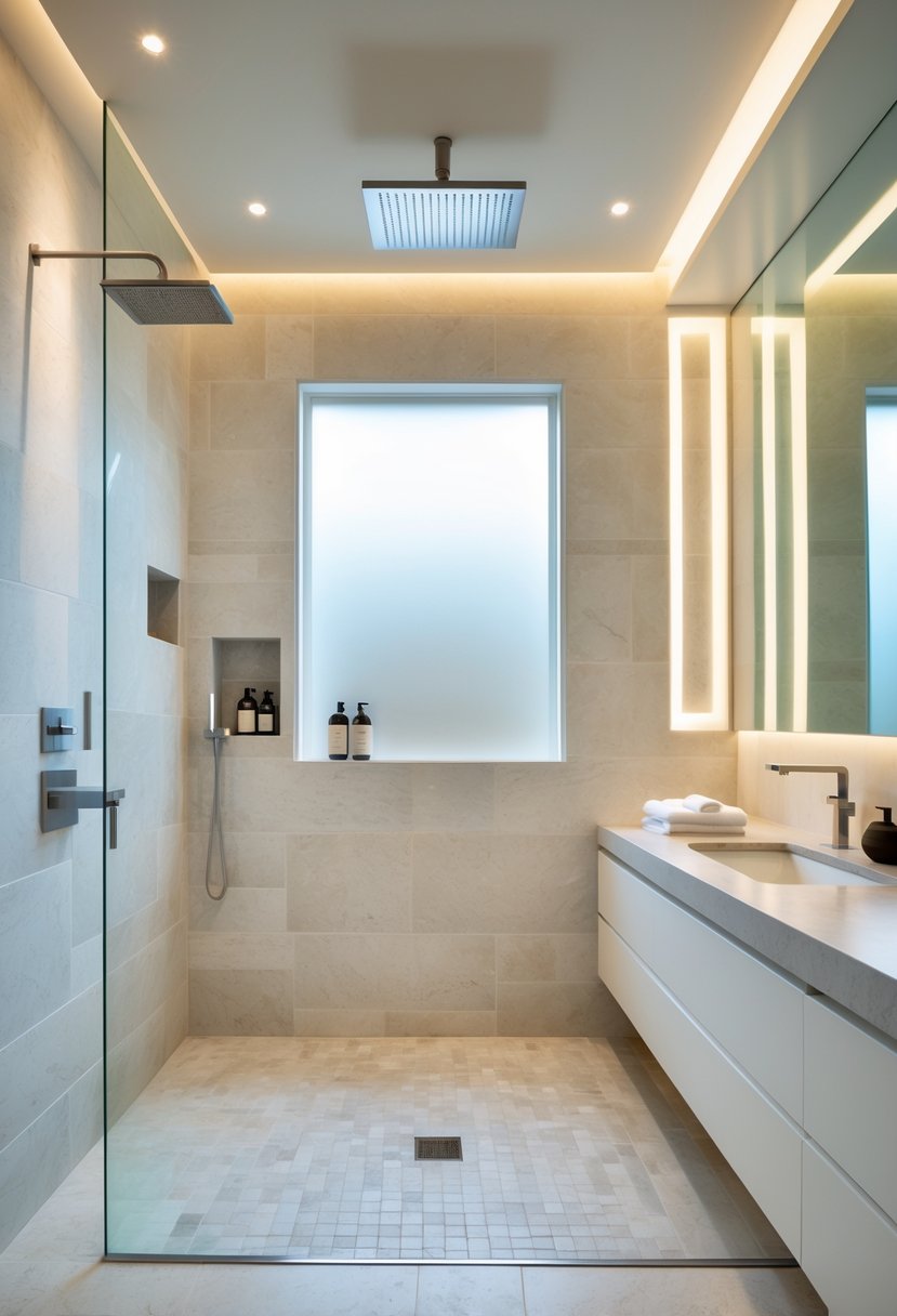 A spacious walk-in wet room bathroom with an open shower area, rain showerhead, floating vanity, and natural light coming through a window.