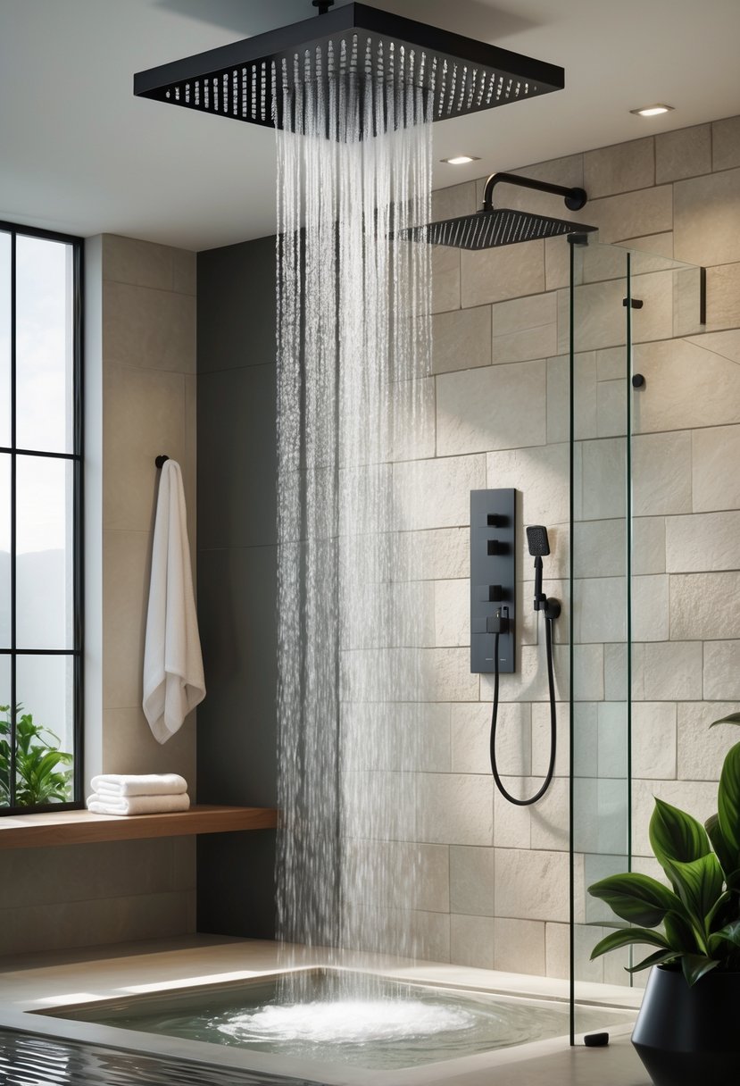 A modern bathroom with a large waterfall showerhead pouring water inside a glass shower enclosure with stone tiles and a wooden bench holding towels and plants.