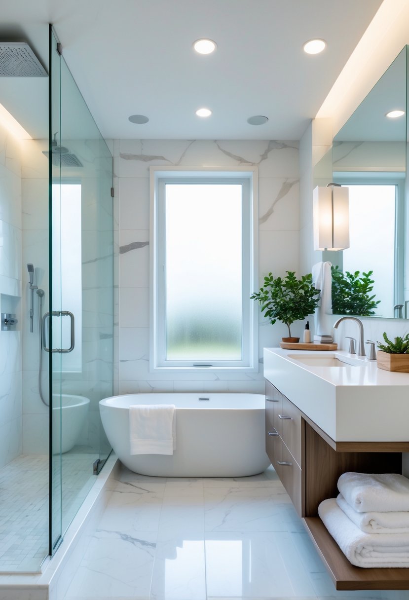 A newly remodeled bathroom with a glass shower, freestanding bathtub, modern vanity, and natural light coming through a window.