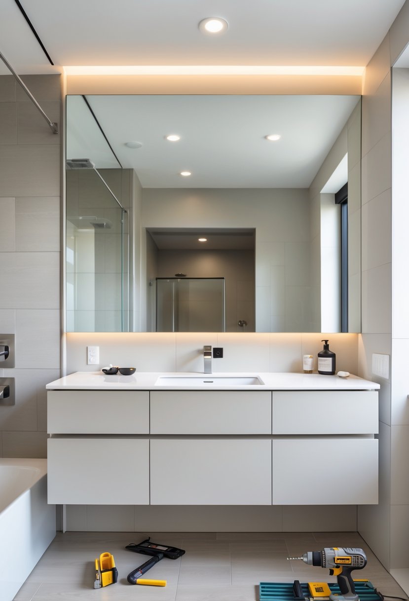 A modern bathroom with a floating vanity being installed beneath a large mirror, surrounded by neutral tiles and bright lighting.