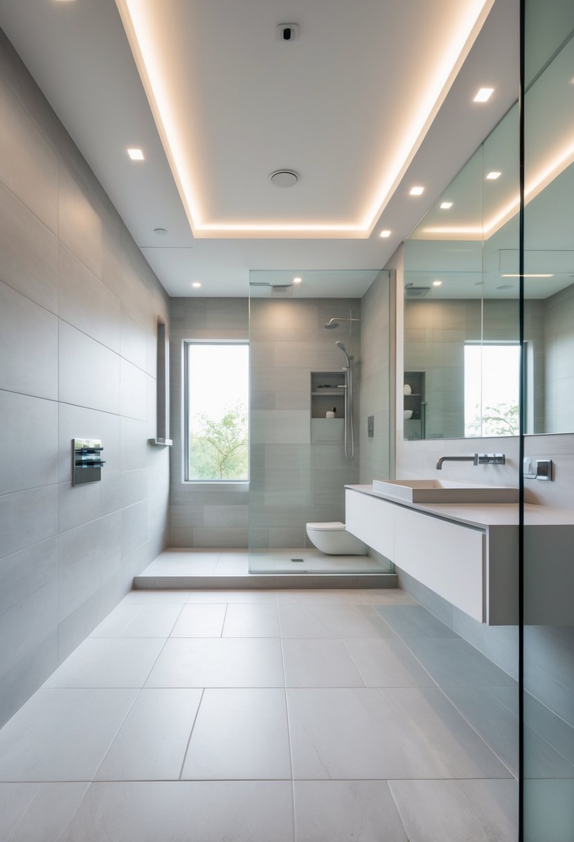 A modern bathroom with large gray porcelain tiles on the walls and floor, a floating vanity with a sink, a glass shower, and bright lighting.