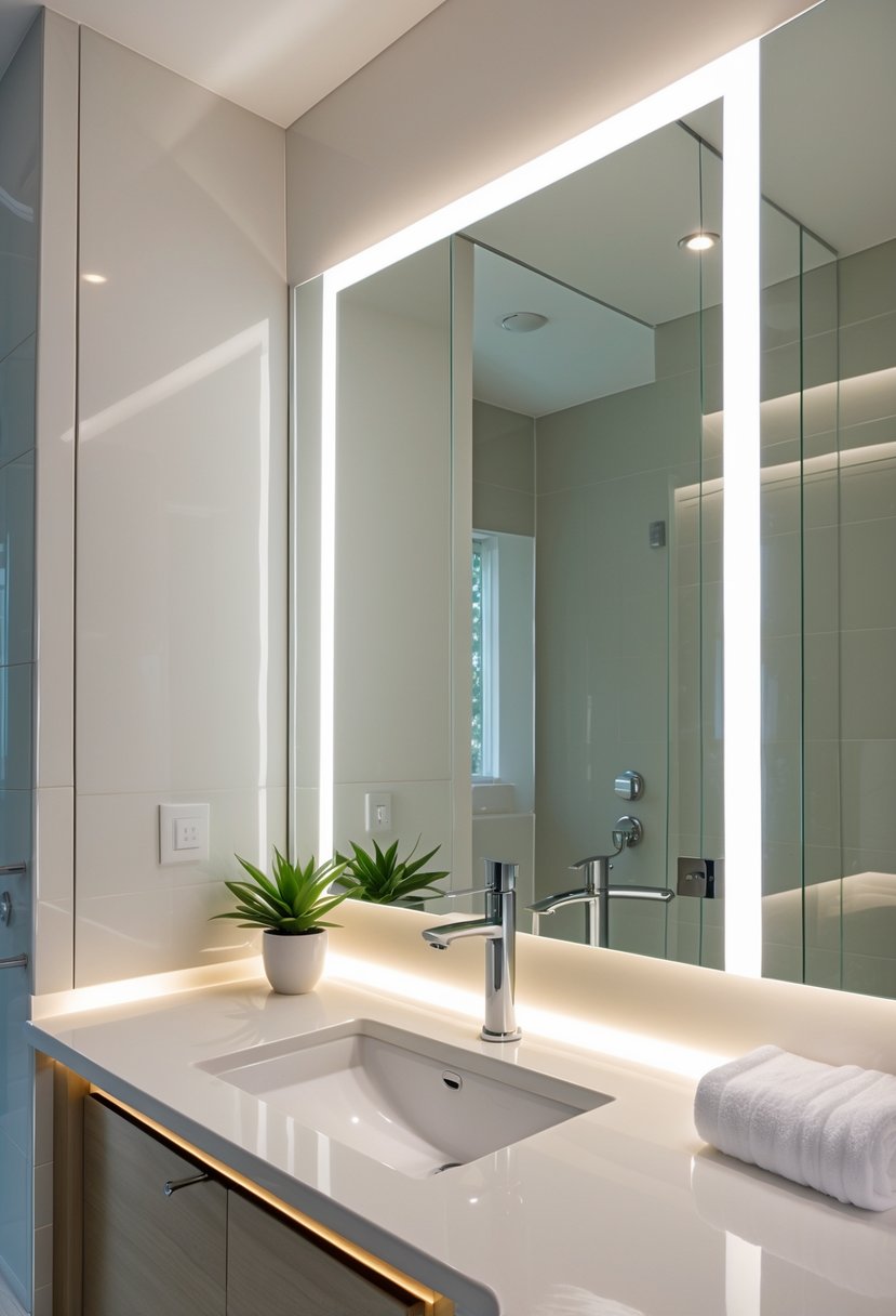 A modern bathroom with LED backlit mirrors providing soft ambient lighting above a sink and countertop.