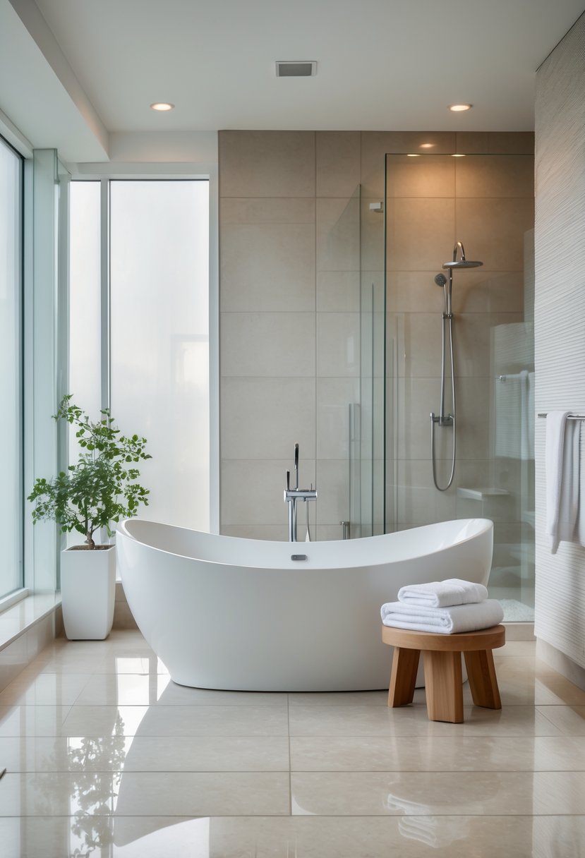 A bathroom with a freestanding soaking tub in the center, surrounded by modern fixtures and natural light.