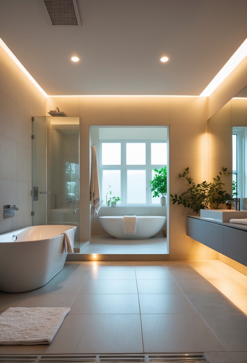 A remodeled bathroom with heated tiled floor, a freestanding bathtub, glass shower, and modern fixtures.