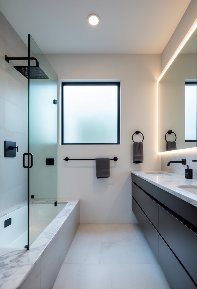 A remodeled bathroom with matte black fixtures including faucet and showerhead, light walls, and a large mirror.