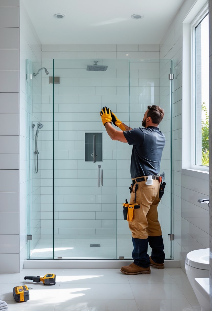 A worker installing a frameless glass shower enclosure in a modern bathroom.