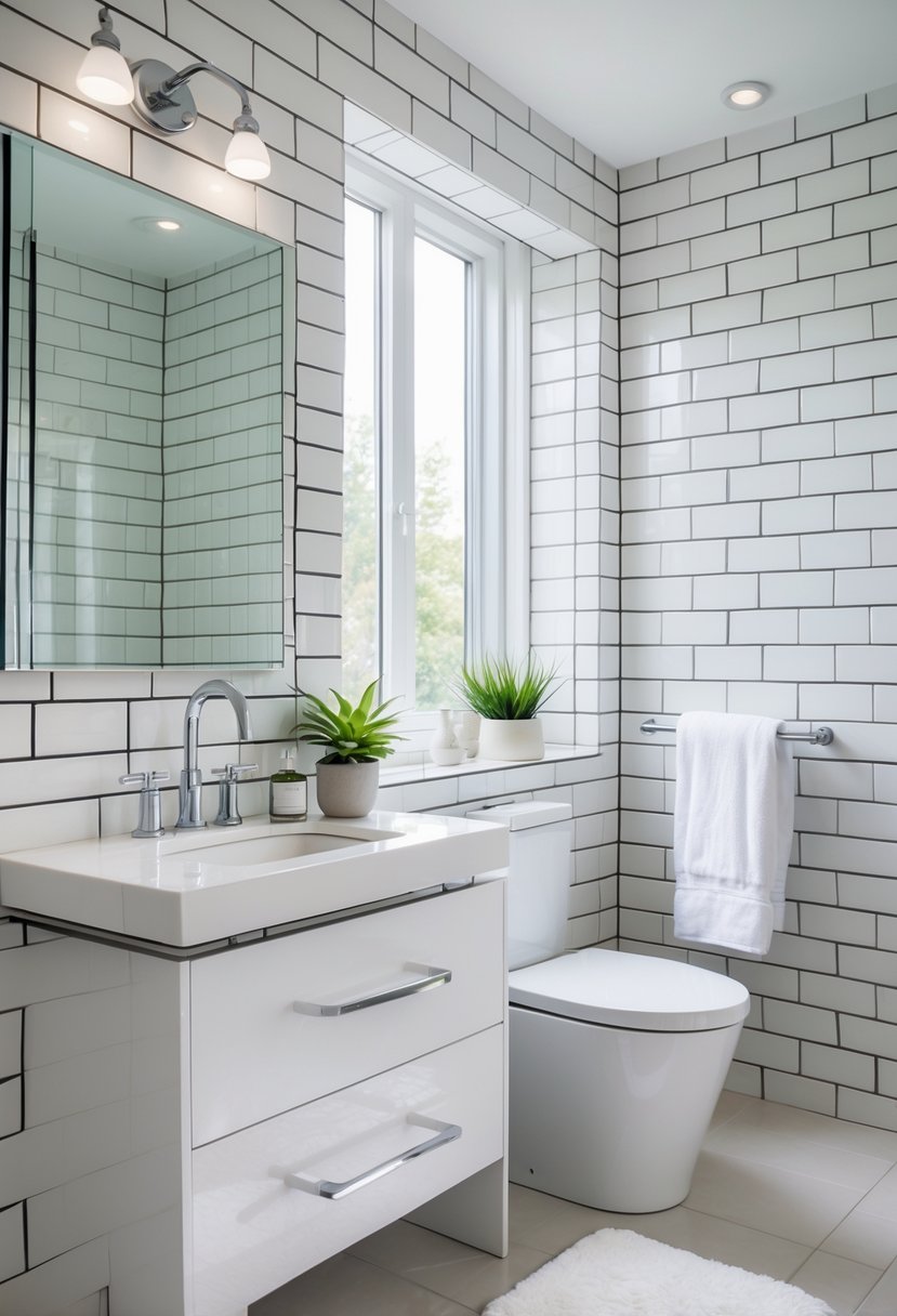A remodeled bathroom with white subway tiles and dark grout, a white vanity with a sink, a large mirror, and a towel hanging on a rack.