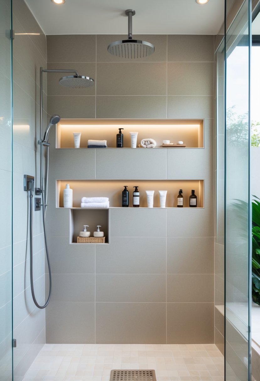 Shower with built-in recessed shelves holding toiletries inside a remodeled bathroom.