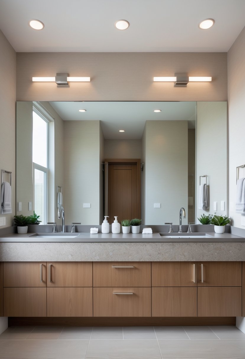 A bathroom with a double vanity featuring two sinks, mirrors, and cabinets beneath a long countertop.