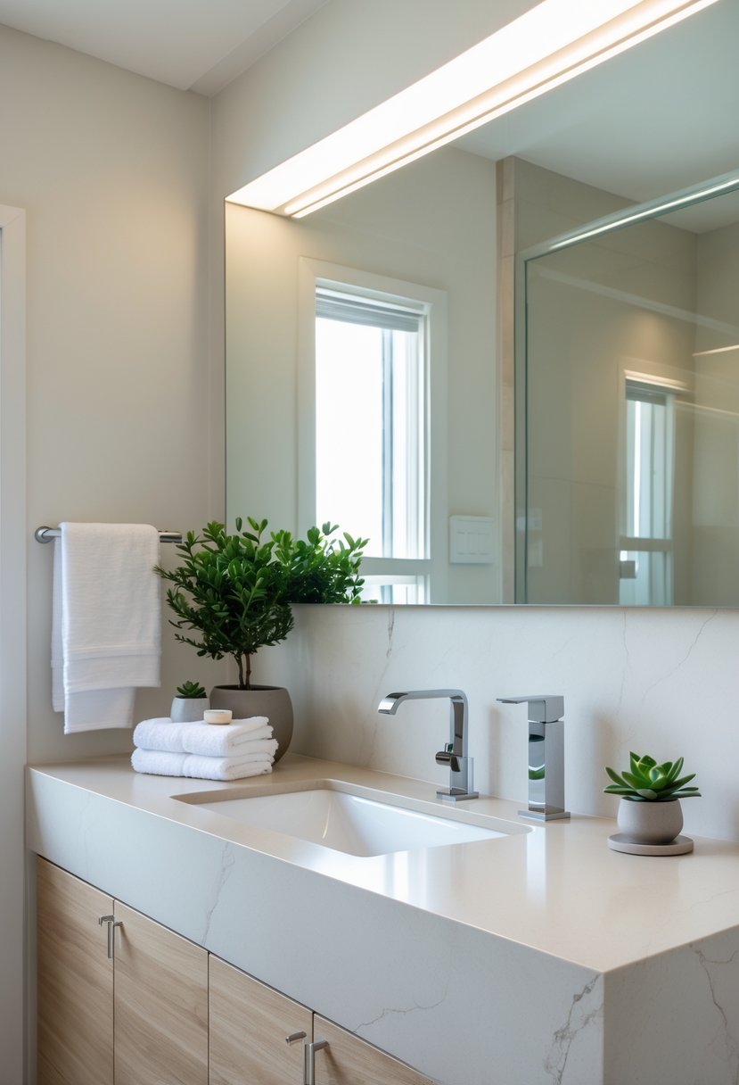 A modern bathroom with a quartz countertop, sink, mirror, and bathroom accessories.