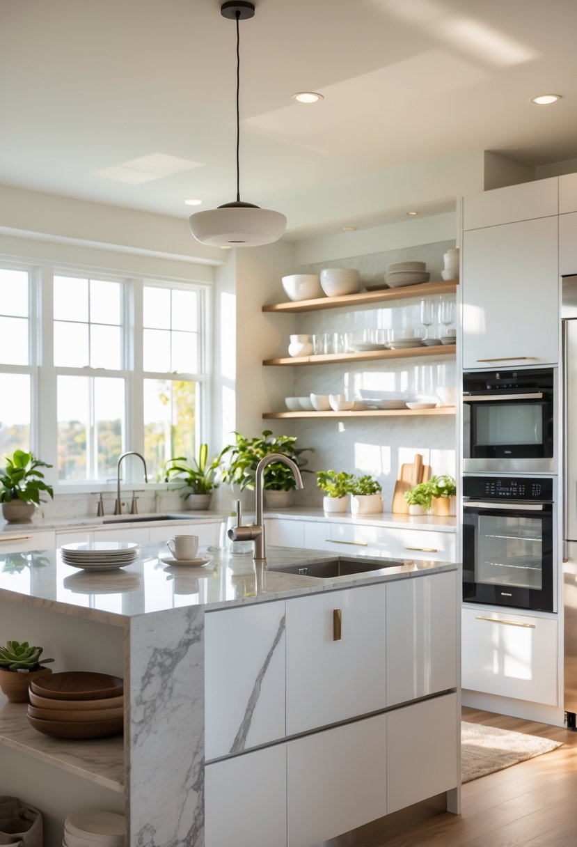 A modern kitchen with white cabinets, a marble island, stainless steel appliances, open shelves with dishes, and plants by large windows.