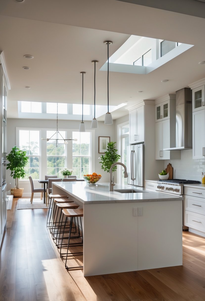 A spacious open-concept kitchen with a large island, white cabinets, stainless steel appliances, and natural light coming through large windows.