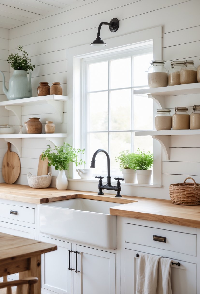 A bright kitchen with white wooden walls, a large apron sink, wooden countertops, and a wooden dining table with chairs.
