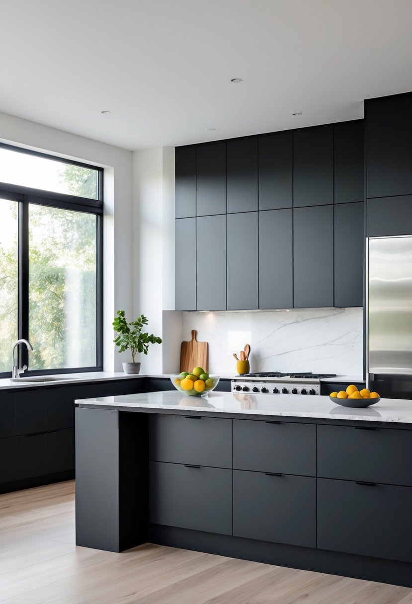 A modern kitchen with matte black cabinets, a large island with a white countertop, stainless steel appliances, and natural light coming through windows.