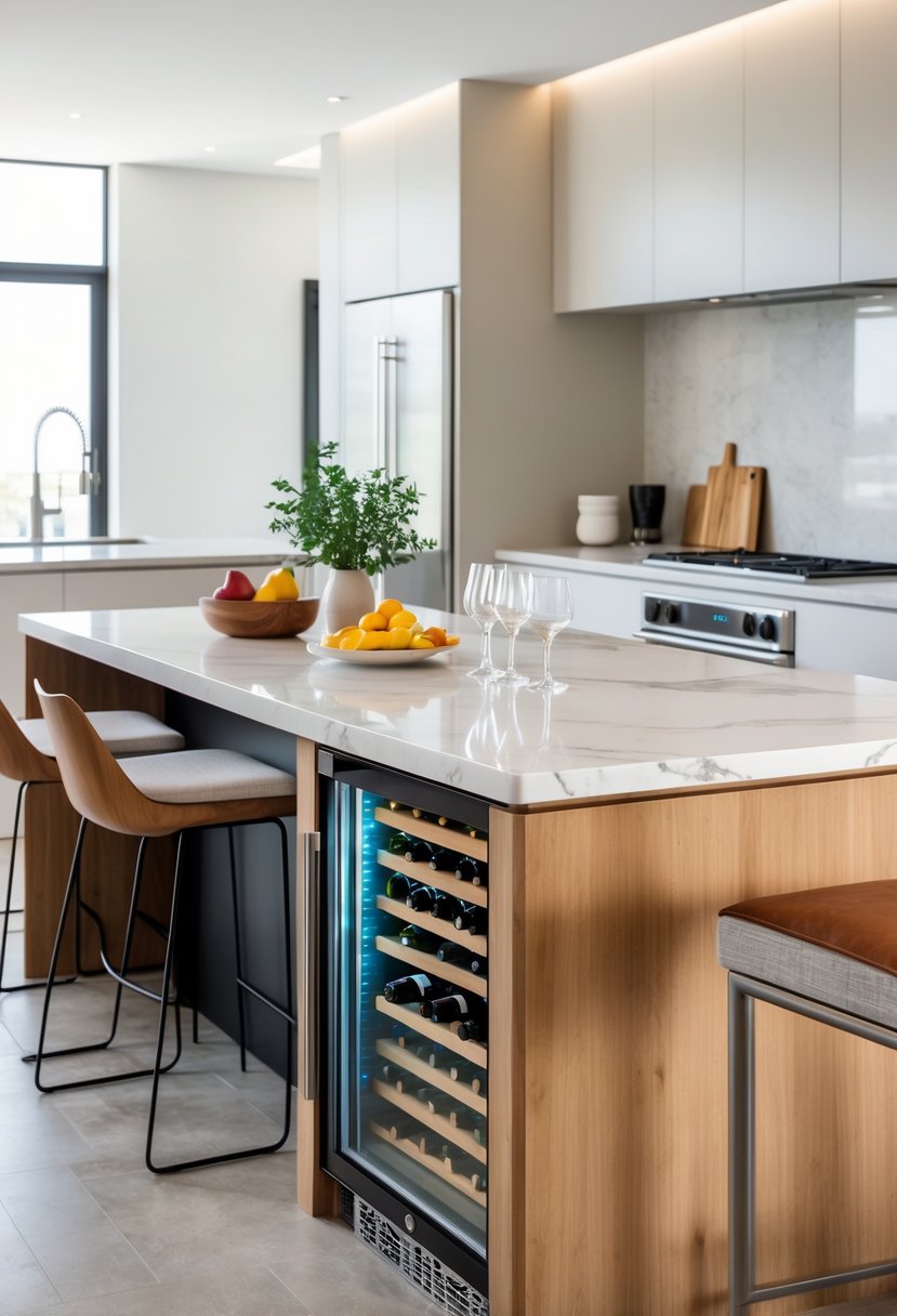 Kitchen island with built-in wine fridge and bar stools in a bright modern kitchen.