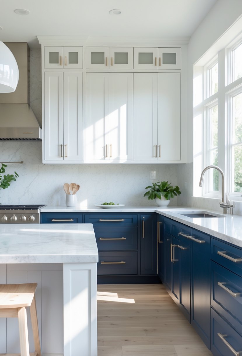 A modern kitchen with upper white cabinets and lower dark blue cabinets, a marble countertop, kitchen island with stools, and stainless steel appliances.
