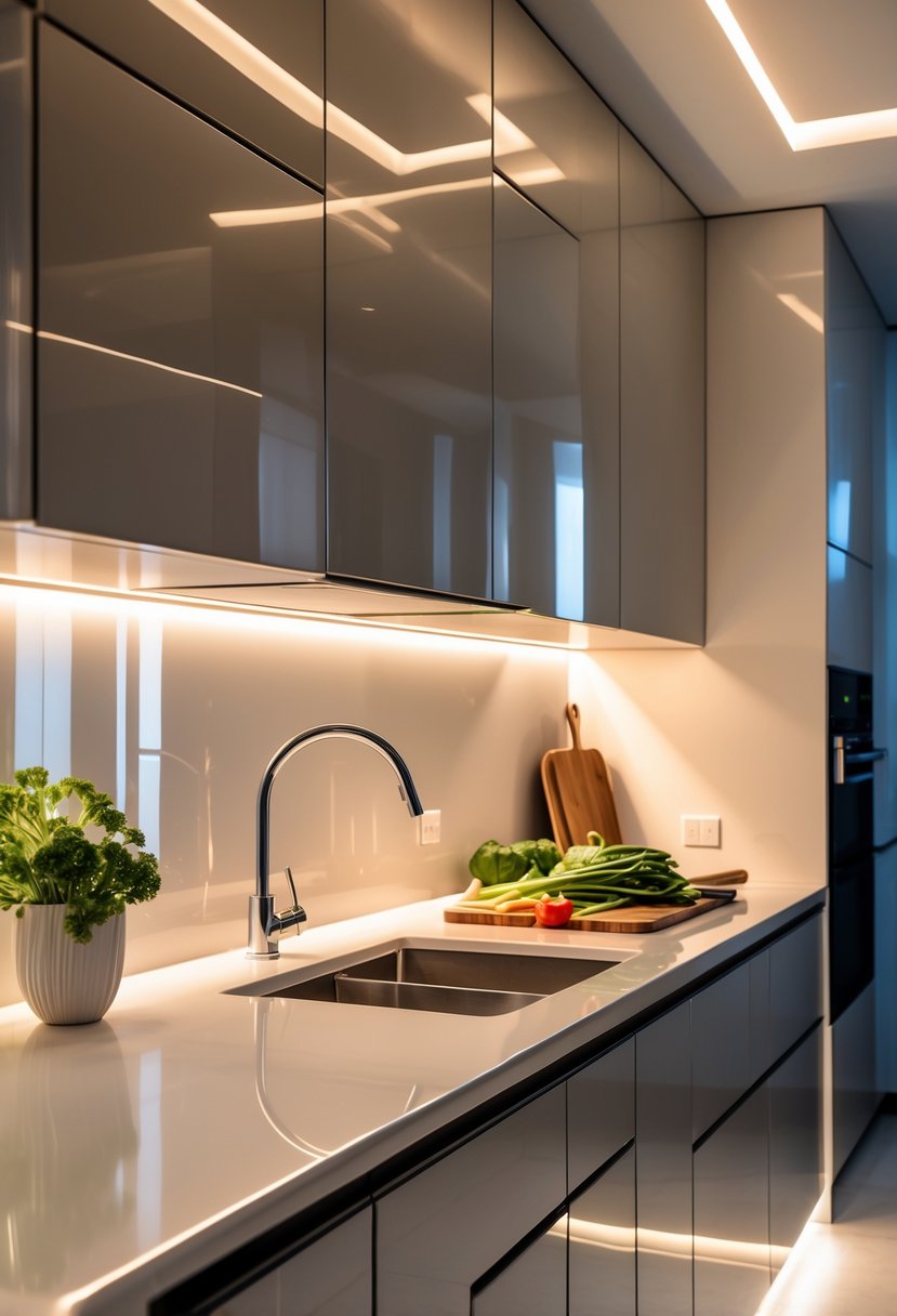 A modern kitchen countertop illuminated by under-cabinet LED lights with fresh vegetables and a faucet visible.