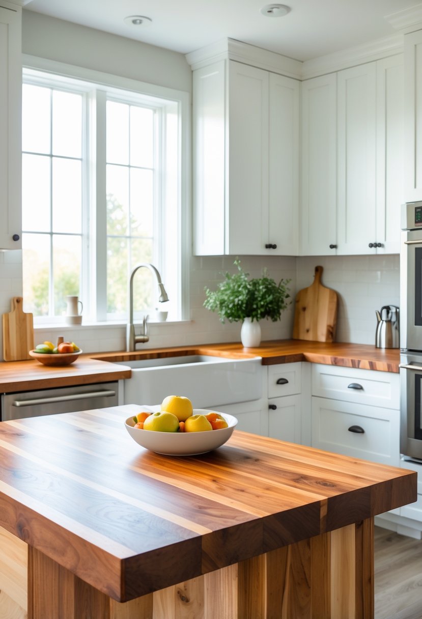 A modern kitchen with warm wooden butcher block countertops, white cabinets, and stainless steel appliances illuminated by natural light.