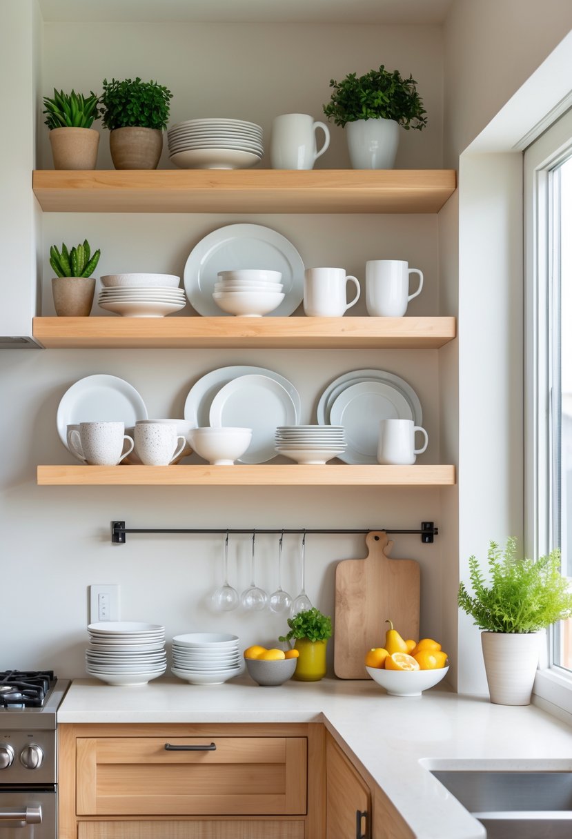 A kitchen with open wooden shelves displaying neatly arranged dishware including plates, bowls, mugs, and glassware.