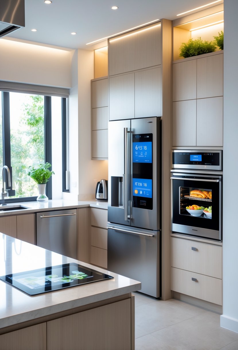 A modern kitchen with integrated smart appliances including a refrigerator with a touchscreen, a smart oven, and an induction cooktop, featuring clean cabinetry and natural light.