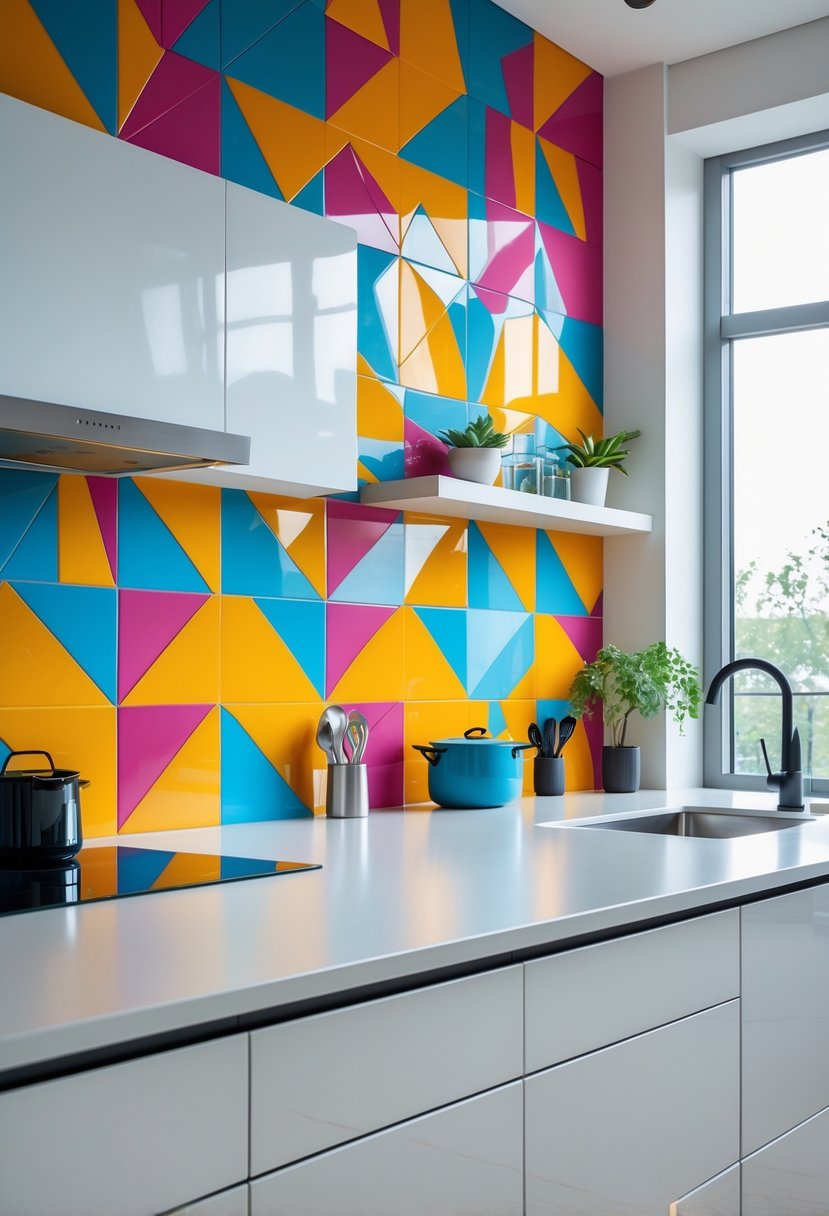 A modern kitchen with a colorful geometric patterned backsplash and a clean countertop with kitchen appliances.
