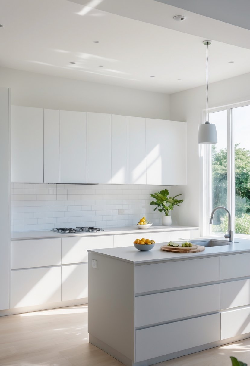 A bright kitchen with handleless white cabinets, a kitchen island with a sink, and natural light coming through large windows.