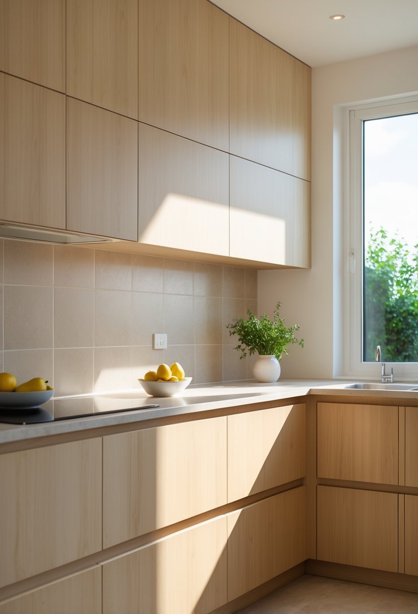 A modern kitchen with wooden cabinets, a countertop with fruit and a plant, and a tiled backsplash.