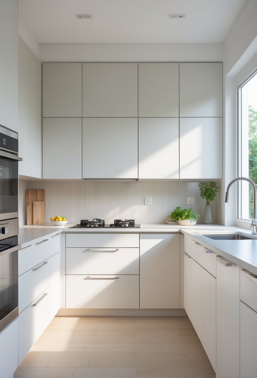 A modern kitchen with sleek IKEA SEKTION cabinets, a light countertop, stainless steel appliances, and natural daylight.