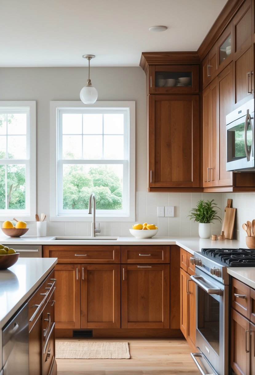 A modern kitchen with warm wood cabinets, stainless steel appliances, and natural light coming through a window.